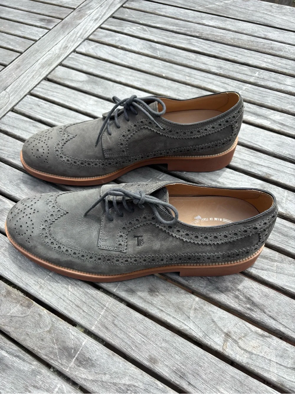 Tod’s Derby Bucature Wing Tip Lace Up Suede Oxfords Sage Green Size 11